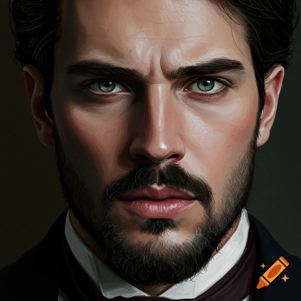Close-up portrait of a man with a beard and cravat, intense expression.