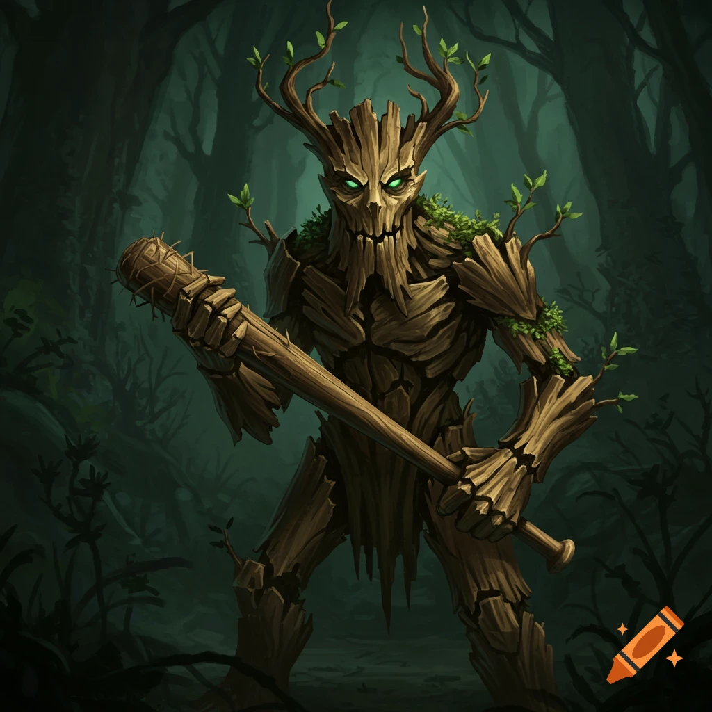 A wood creature with glowing eyes holds a spiked bat in a forest.
