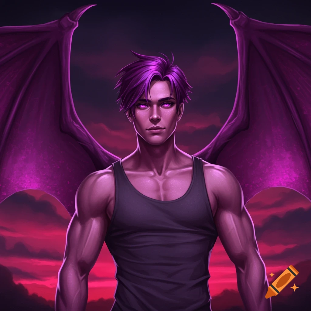 A muscular man with purple hair, eyes, and dragon wings