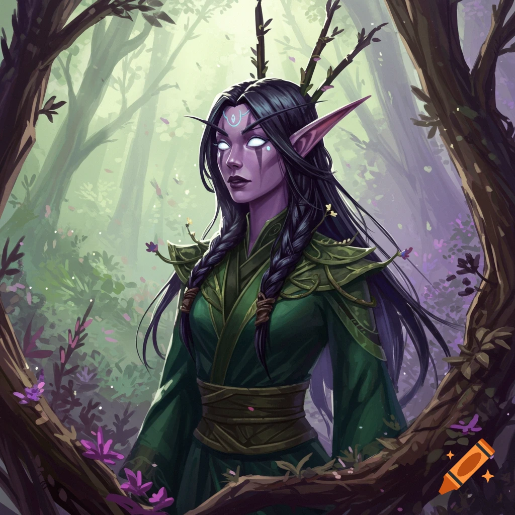 A purple-skinned Night elf with glowing white eyes, long ears, and green outfit, standing in a forest grove.