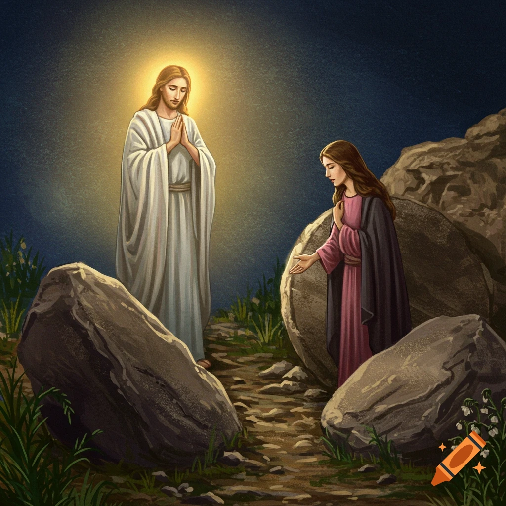 A man with a halo and a woman standing among large rocks.