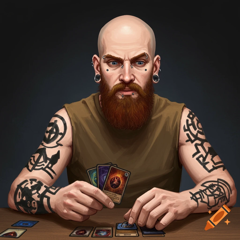 A bald man with a beard and tattoos is playing a card game.