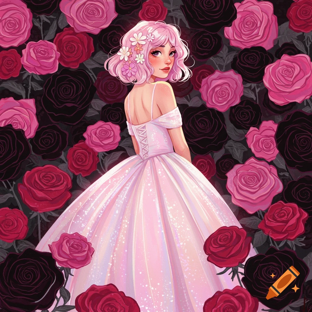 A woman with pink hair in a pink dress surrounded by pink and black roses
