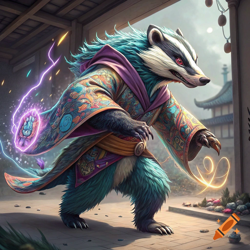 Stylized badger creature in ornate robes casting magic in an Asian-inspired courtyard.