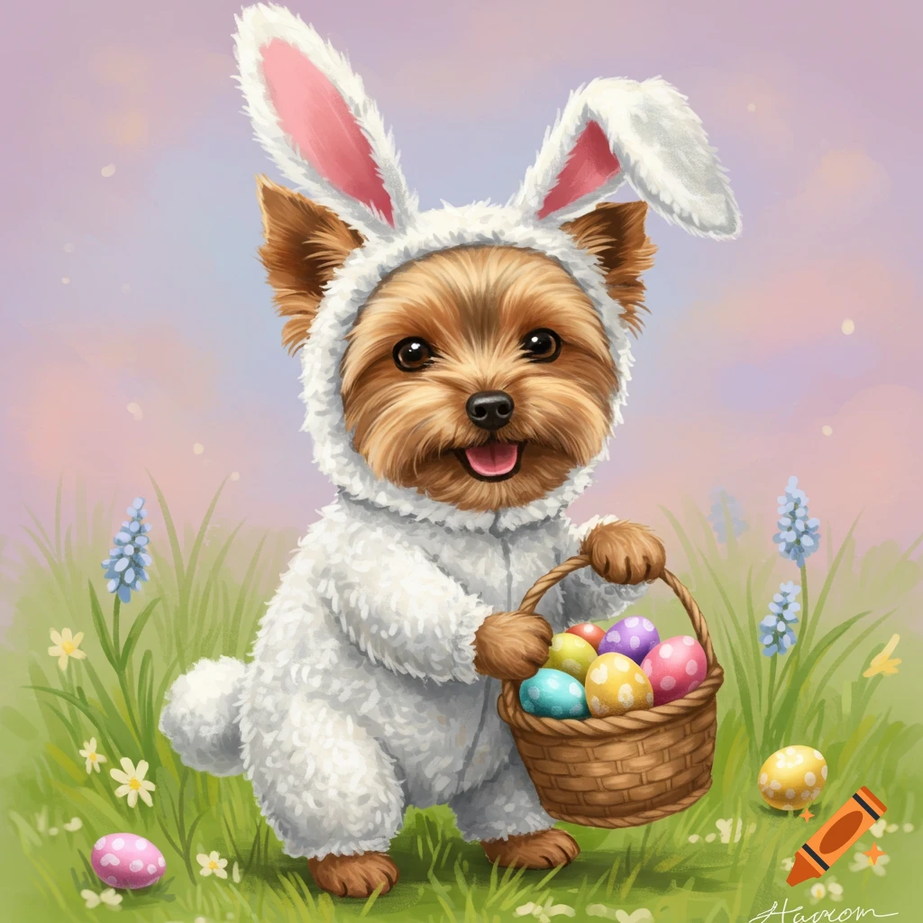 A Yorkshire terrier in an Easter bunny costume holds a basket of painted eggs in a field.