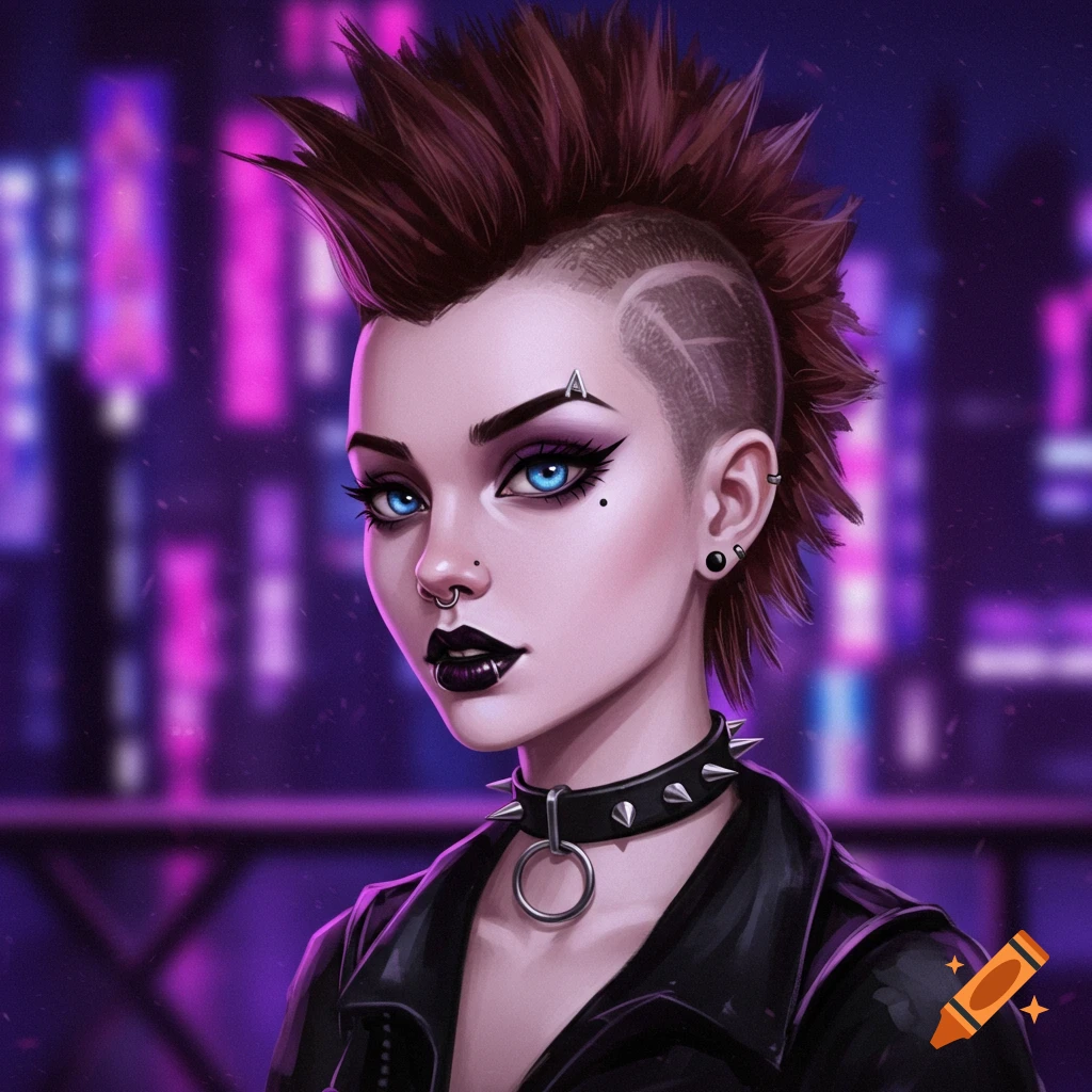 A punk woman with a faux hawk haircut and piercings against a neon city background.