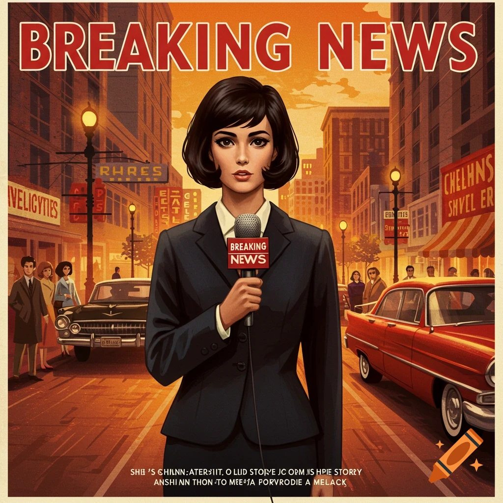 Retro illustration of a female news reporter in a city street holding a microphone with 'Breaking News' title.