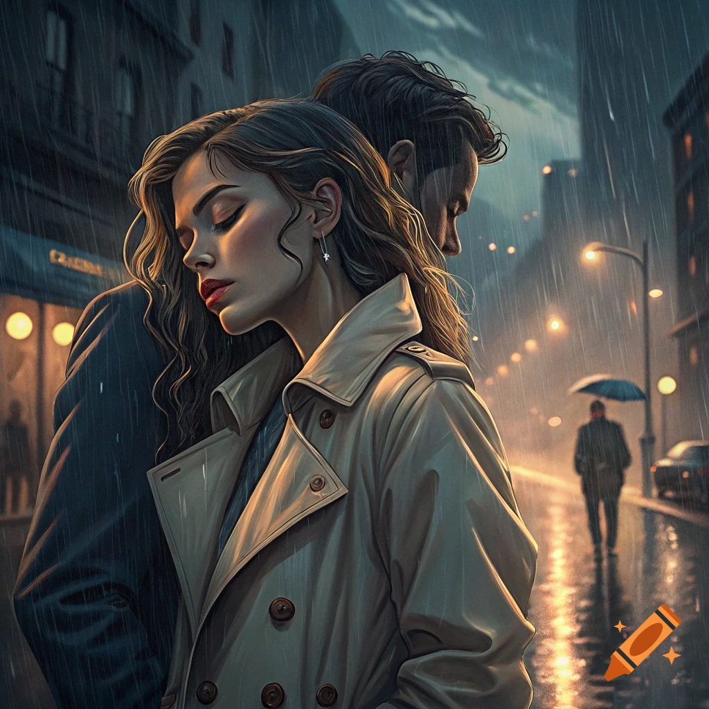 Couple standing close together in the rain on a city street at night, moody cinematic style.
