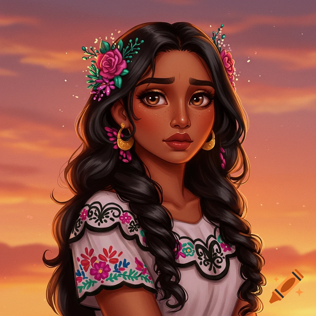 Portrait of a Latina woman in embroidered dress with flowers in her hair at sunset.