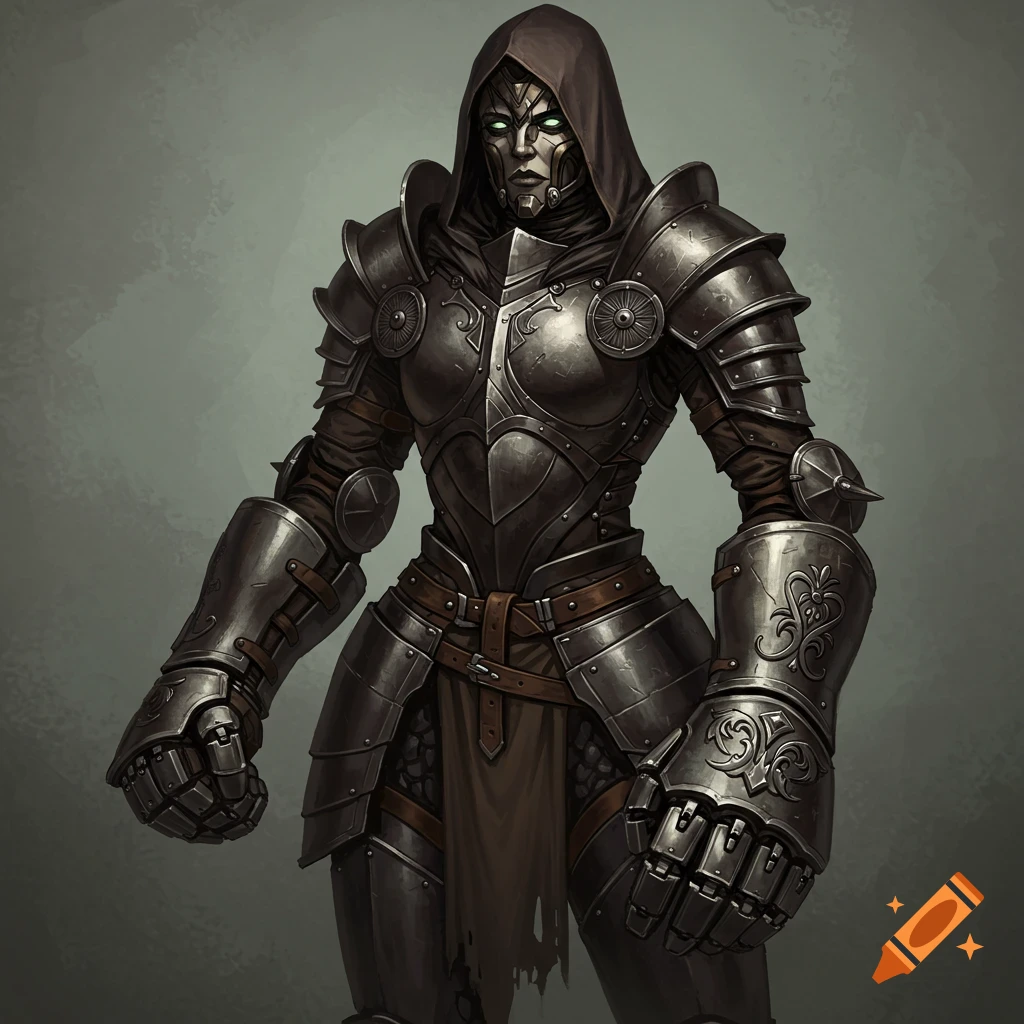Female warforged in heavy metal armor and a hood, wielding large gauntlets.