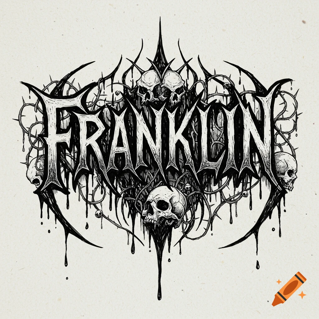 Black and white death metal logo for Franklin with skulls and barbed wire