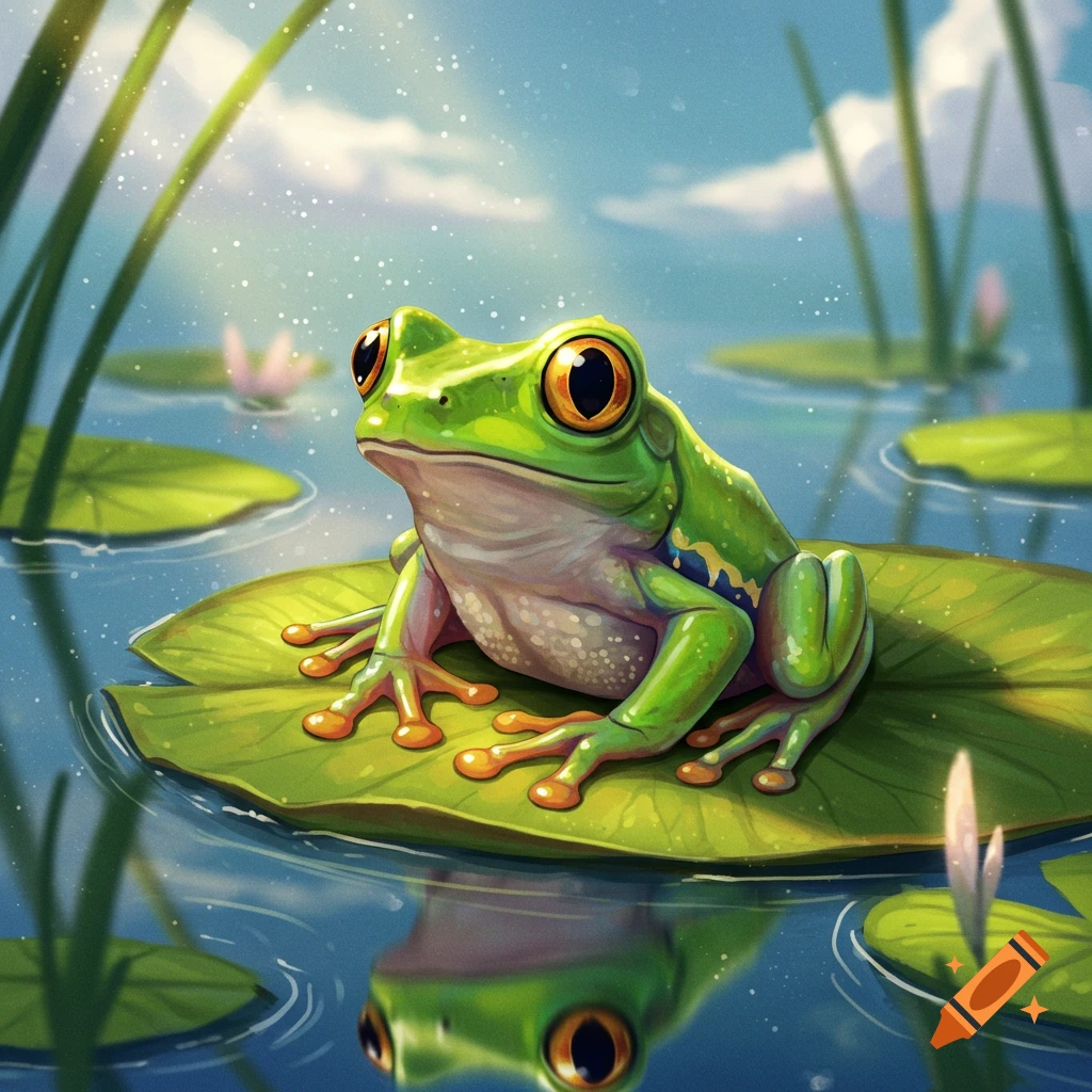 A bright green frog sits on a lily pad in a pond.
