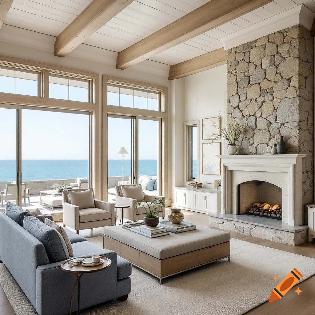 A luxurious coastal living room with a stone fireplace, wooden beams, and ocean views from large windows.