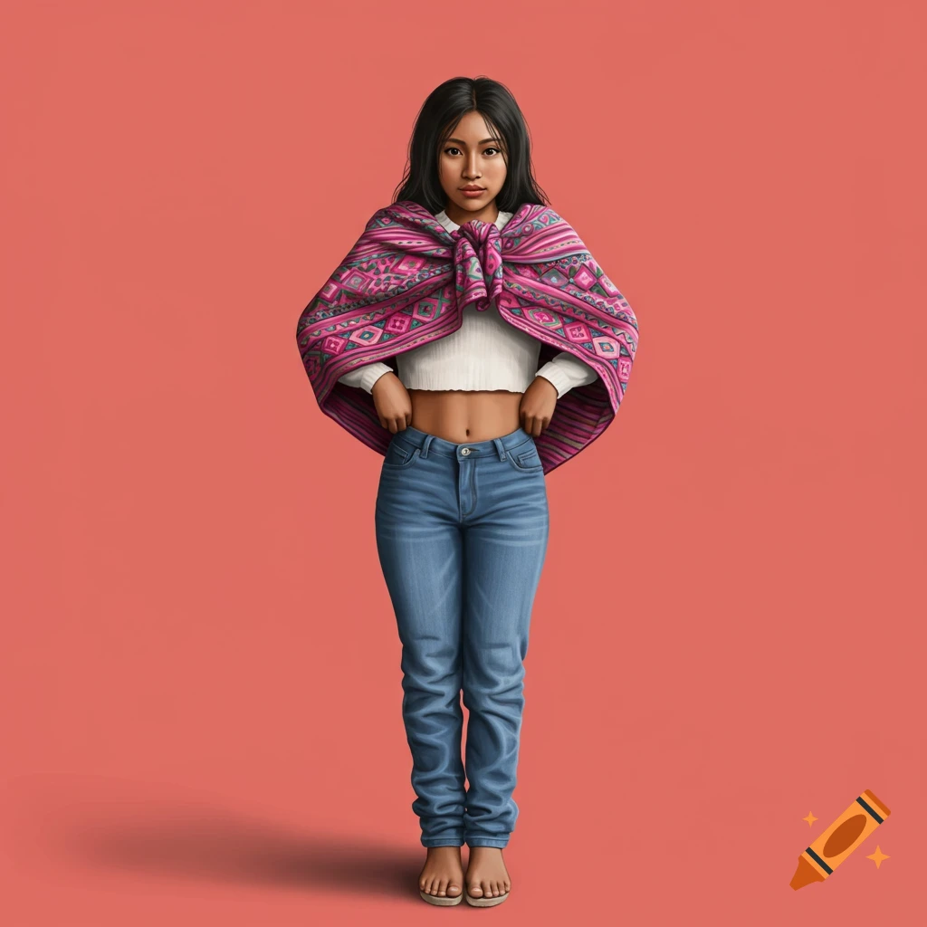 Illustration of a Peruvian woman in a colorful shawl, crop top, and jeans.
