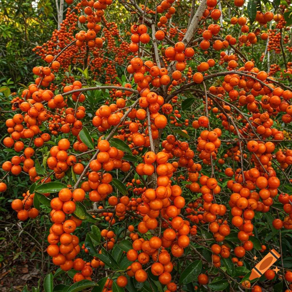 Close-up of bright orange berries on a tree branch with green leaves. Photorealistic style.