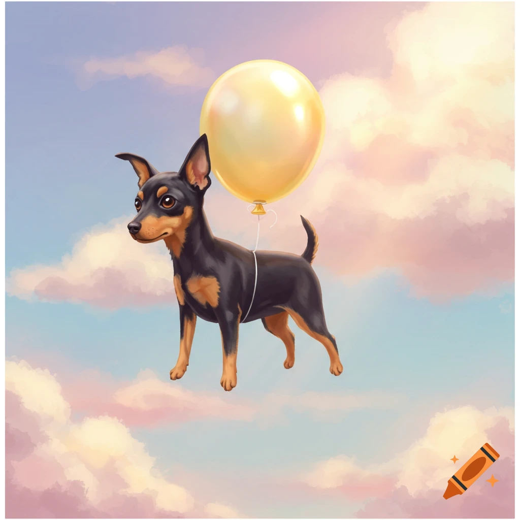 A toy Manchester Terrier dog floating in the sky with a yellow balloon.