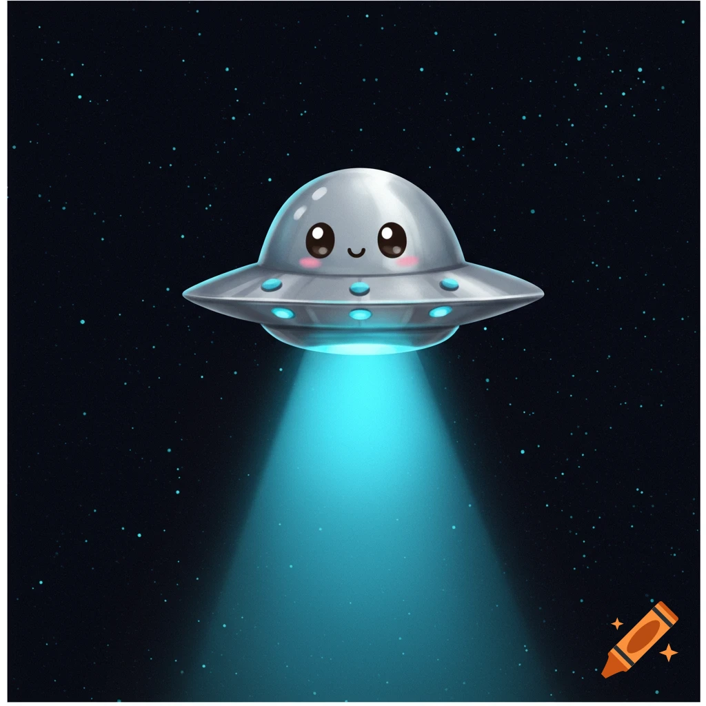 Cute cartoon UFO shining a blue beam in space