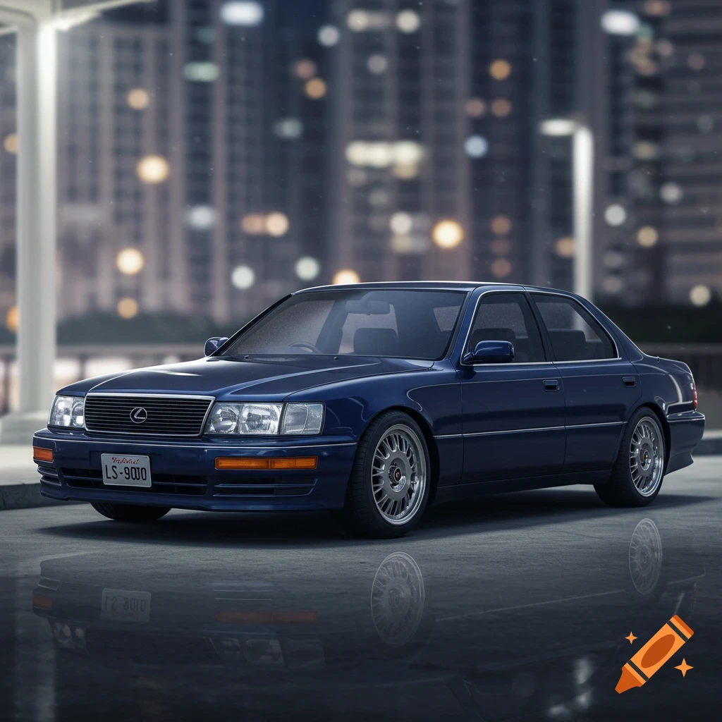 A blue Lexus LS400 is parked at night