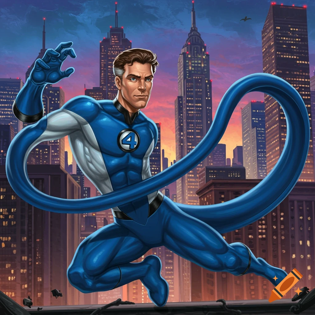 Image of Mr. Fantastic from Marvel Comics stretching in a city