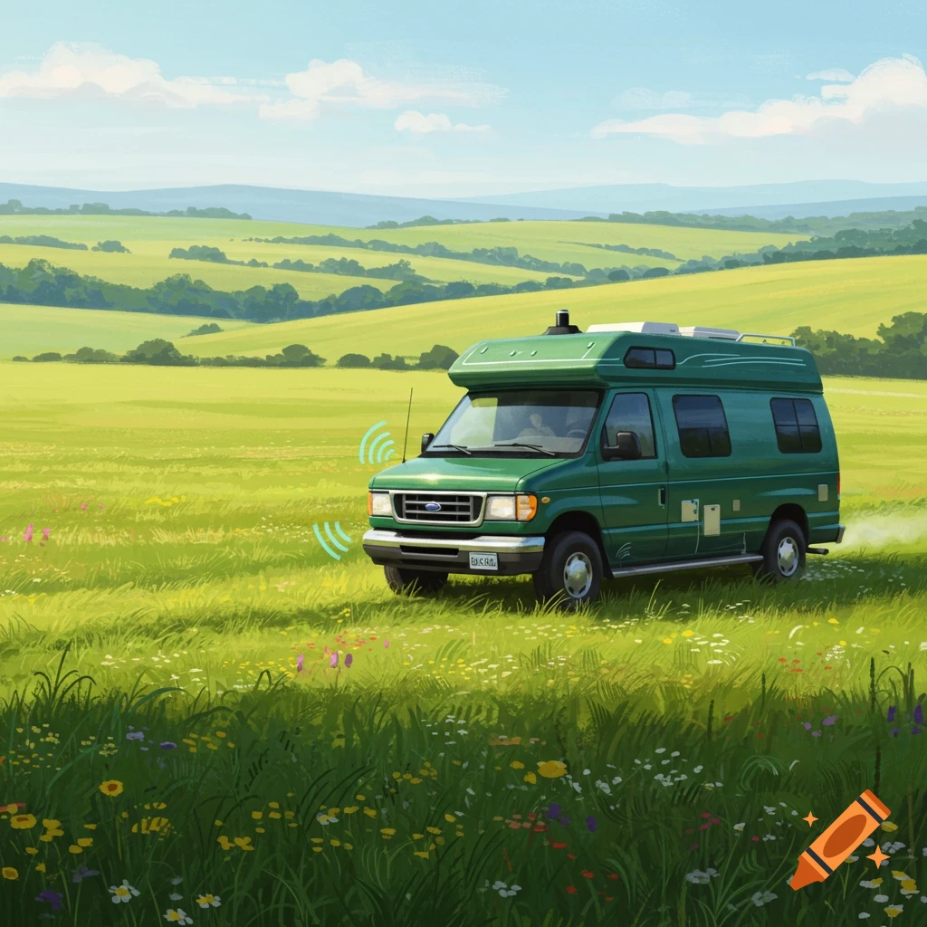 A green camper van driving through a grassy field.