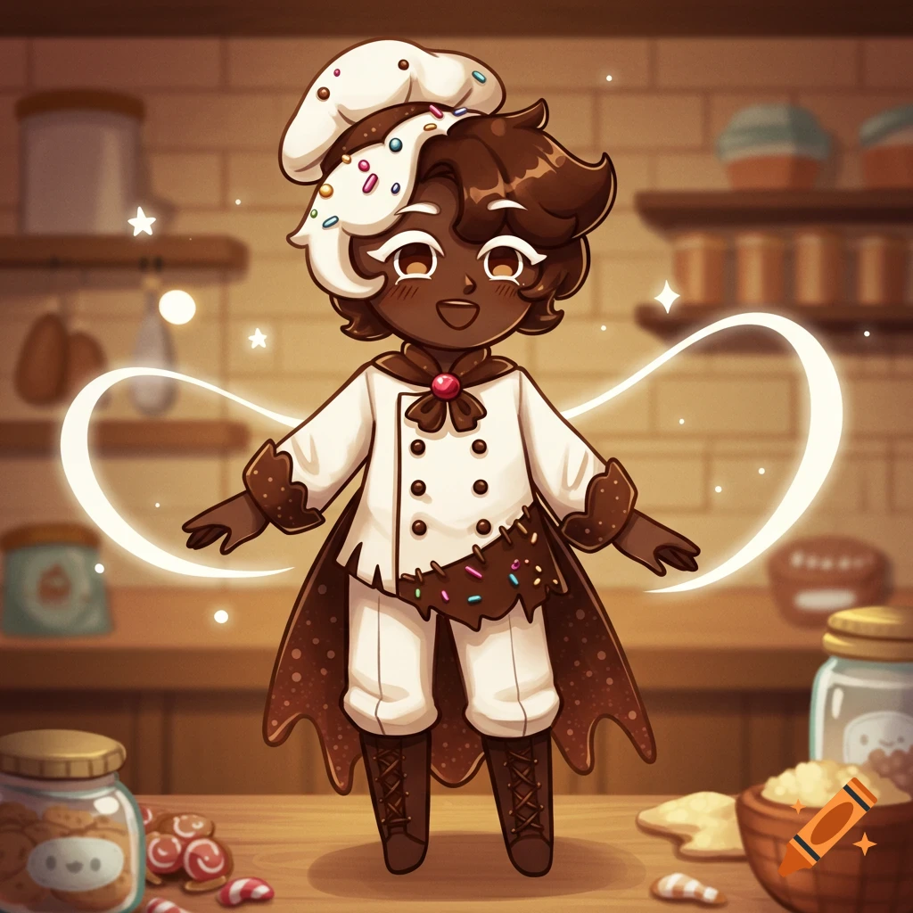 Cute stylized character dressed as a baker in a kitchen