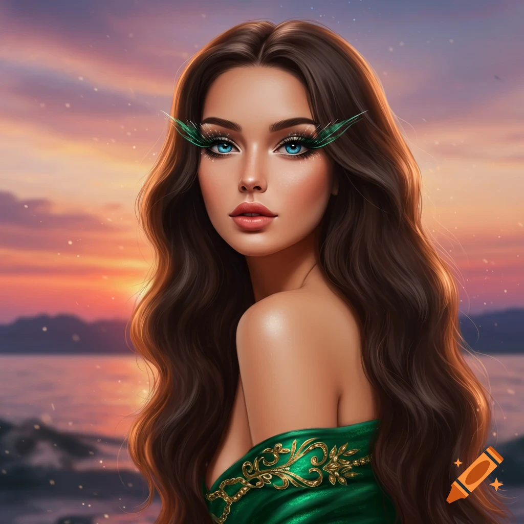 A woman with long brown hair and blue eyes wears a green dress. Her eye makeup is green, complementing her outfit. She is set against a backdrop of a sunset.