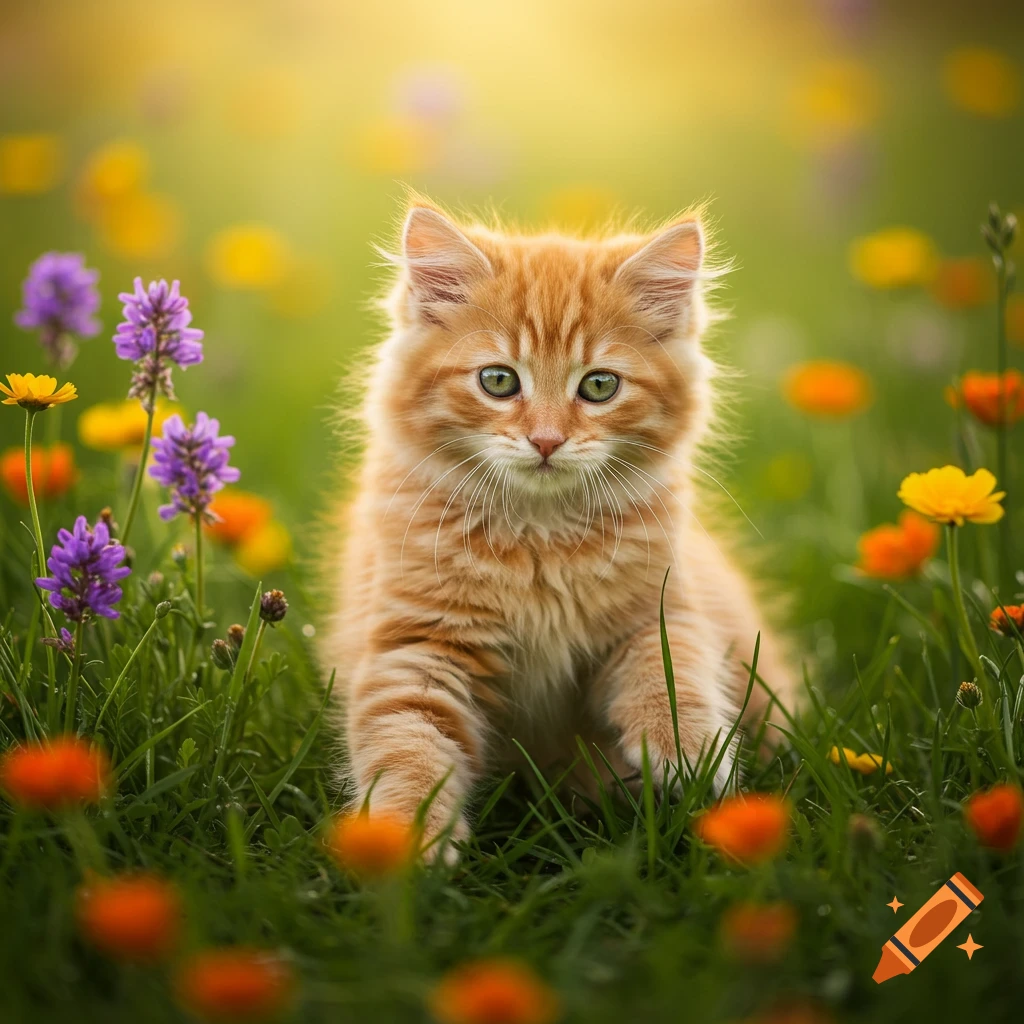 A fluffy orange kitten sits among colorful wildflowers in a sunny meadow.