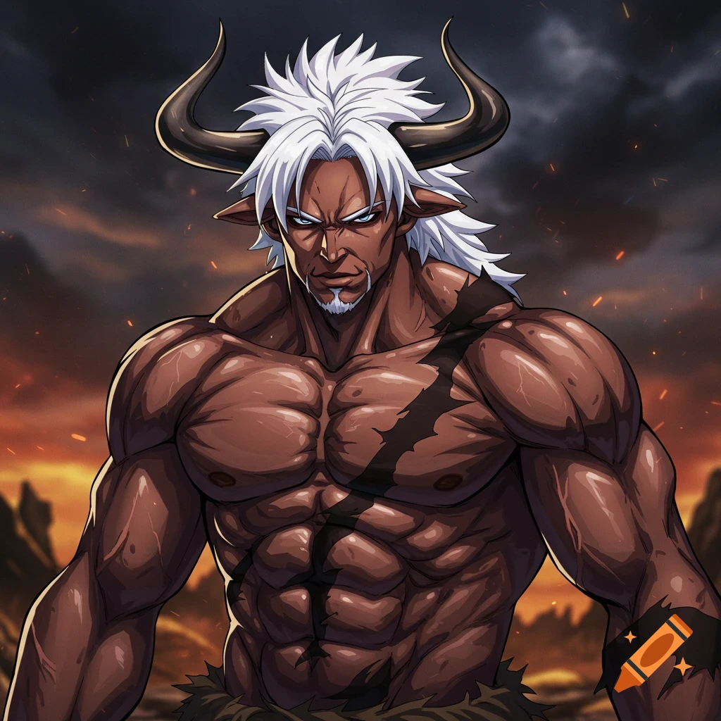 Anime portrait of a muscular man with white hair and bull horns.