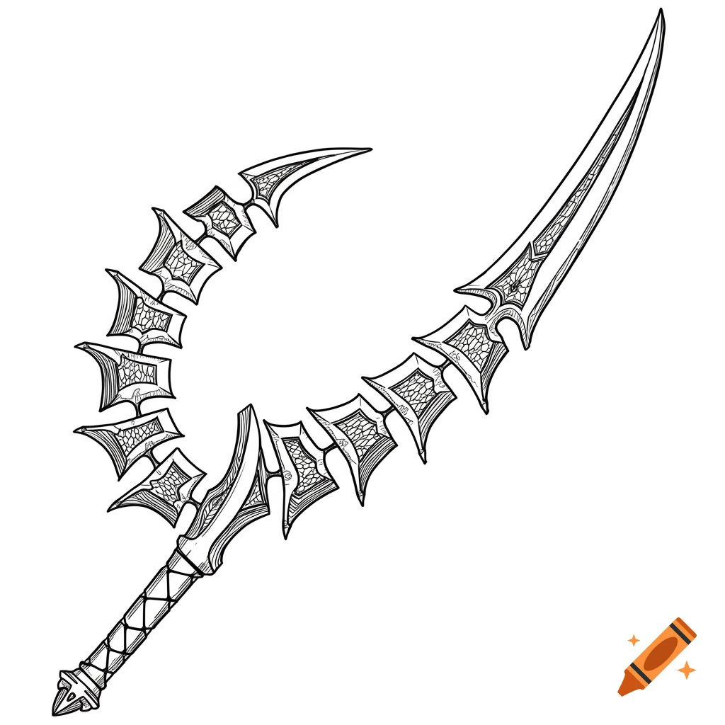 Line drawing of an intricate segmented fantasy sword