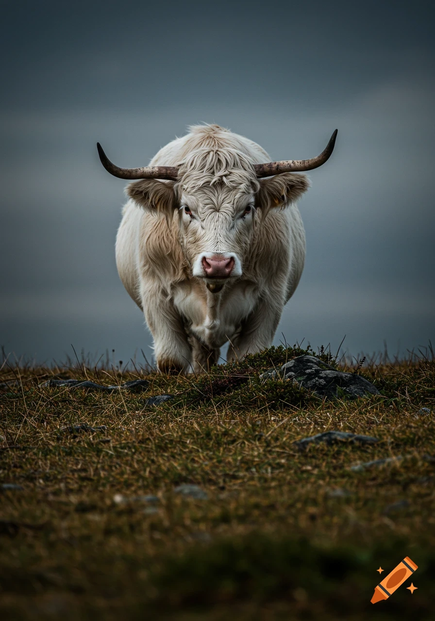 A white shaggy bull stands on a grassy hill under a dark sky, facing the camera. Photorealistic style.