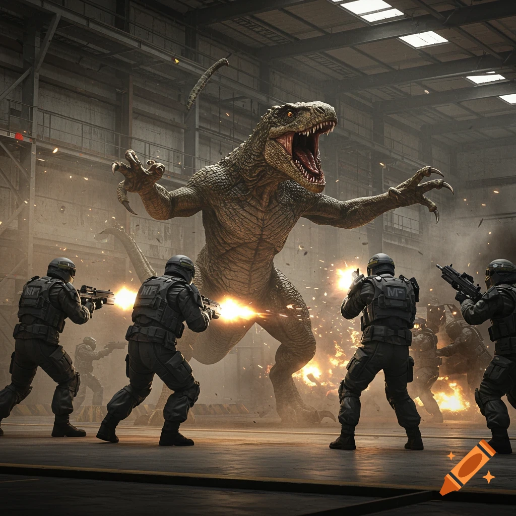 A large dinosaur roars and attacks soldiers firing weapons in a warehouse, photorealistic.