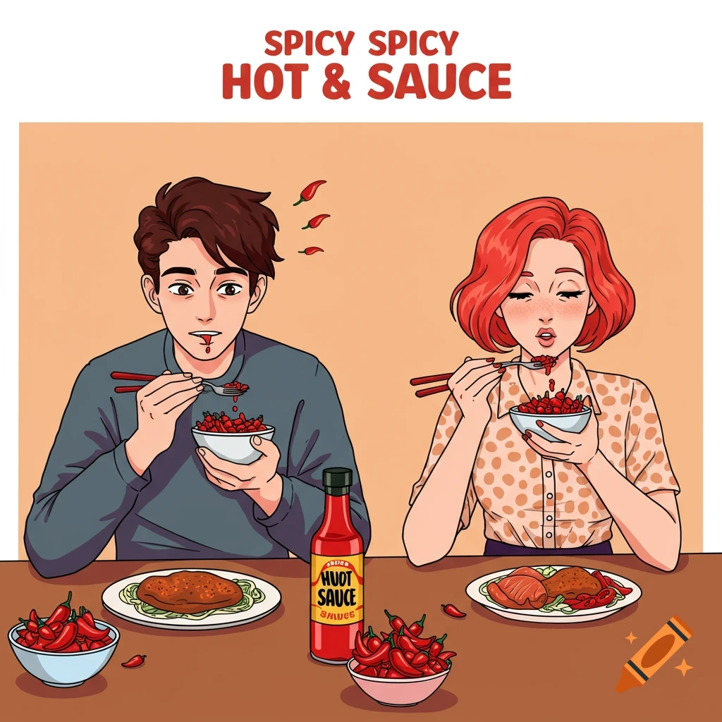 An illustration of a man and woman eating bowls of chili peppers with chopsticks and forks, with a bottle of hot sauce on the table.