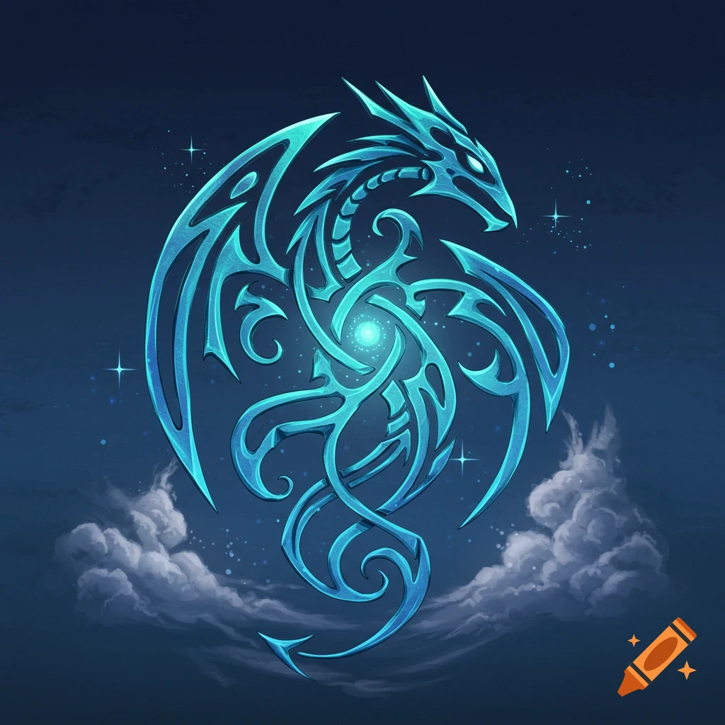 Stylized glowing blue dragon symbol against a dark sky with clouds.