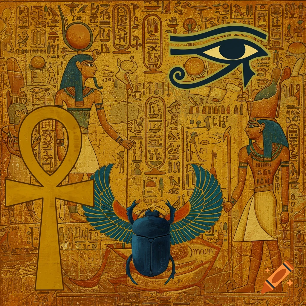 A collection of ancient Egyptian symbols including figures, ankh, eye of Ra, scarab beetle, and hieroglyphs.