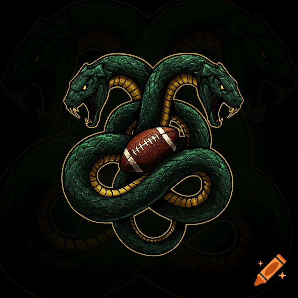 Two entwined green and gold snakes holding a football, digital art logo.