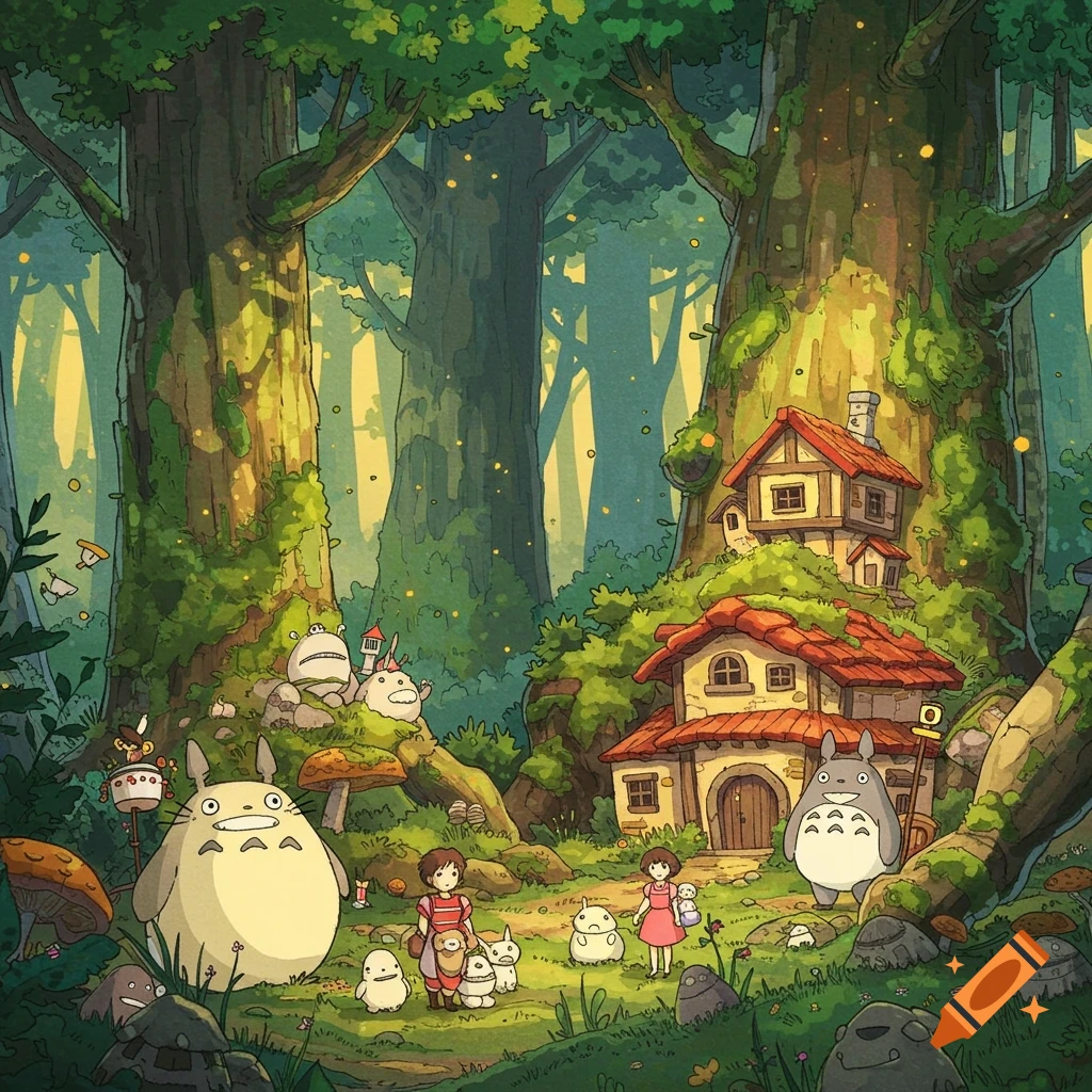 Totoro and spirits with two girls by houses nestled in mossy trees in a forest.