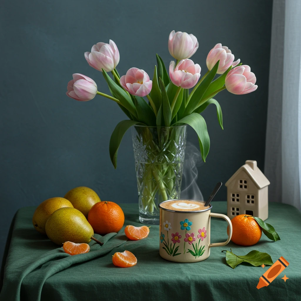 A still life with pink tulips, pears, tangerines, and a mug of coffee on a green tablecloth.