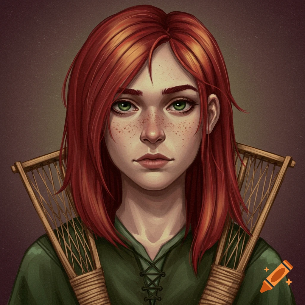 Portrait of a young woman with red hair and green eyes, carrying frame-like objects on her back.