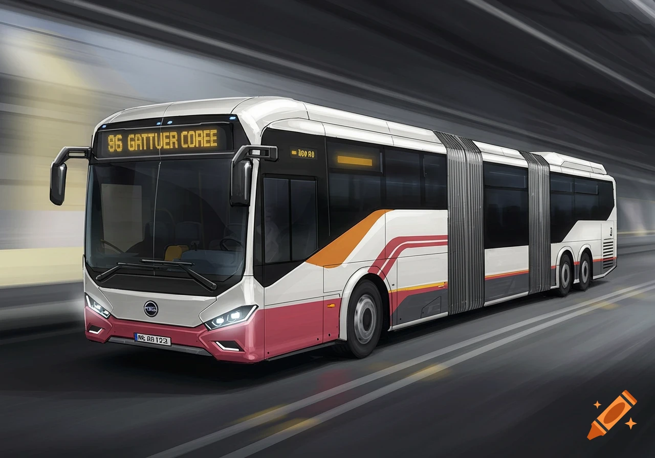 A modern, articulated white bus with orange and red stripes, is driving on a road.
