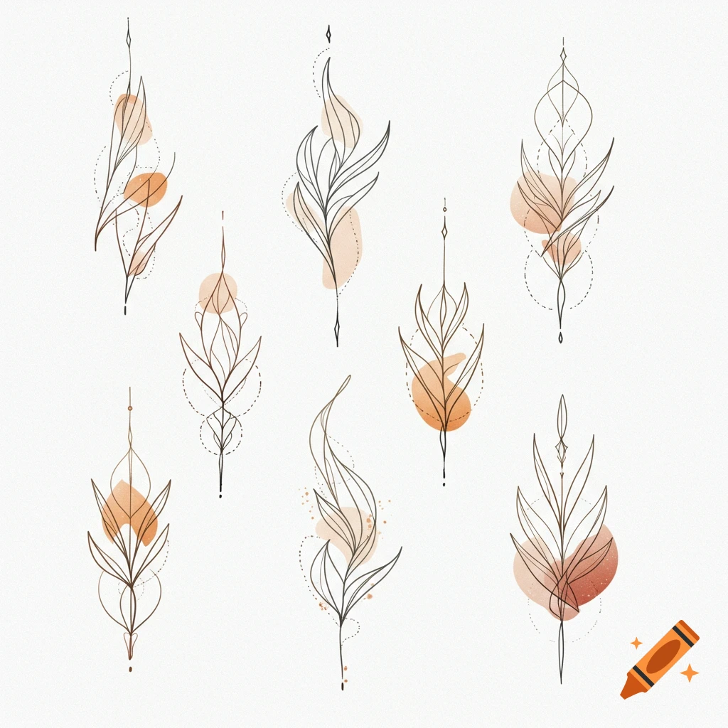 Multiple simple fine line tattoo designs of stylized leaves with abstract shapes on white background.