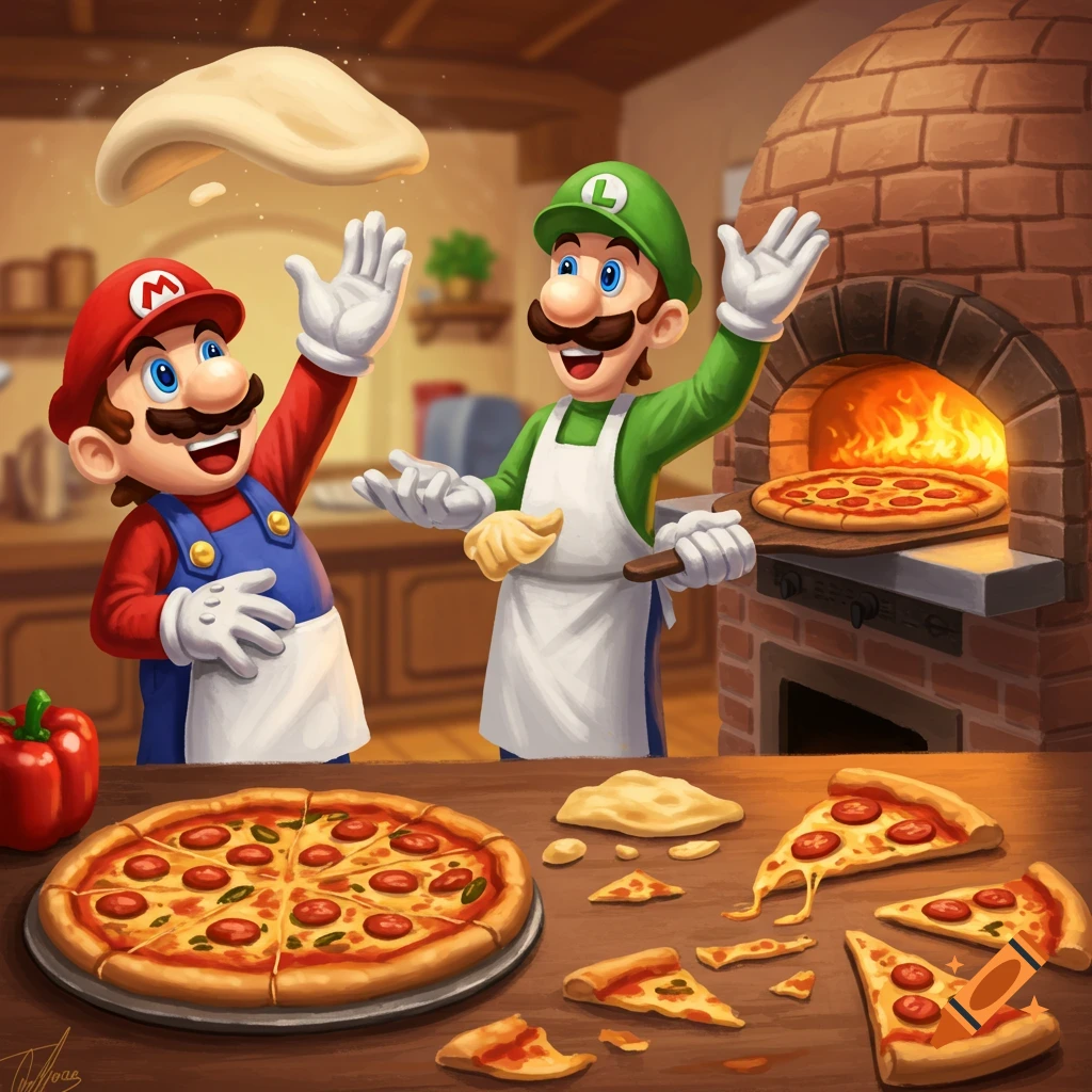 Mario and Luigi making pizza in a kitchen with a brick oven.