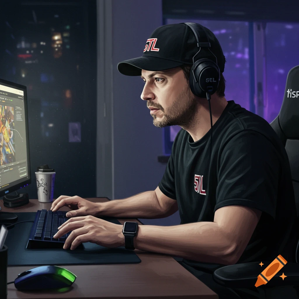 A man wearing a black baseball cap and headphones is intensely playing video games at a computer desk.