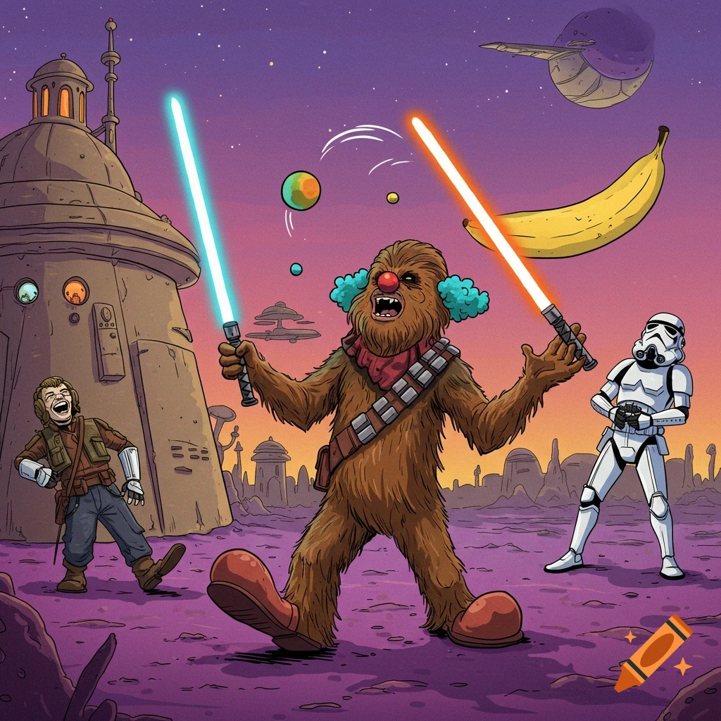 A clown Chewbacca with two lightsabers, a Stormtrooper, and another character on an alien planet with a giant banana floating.