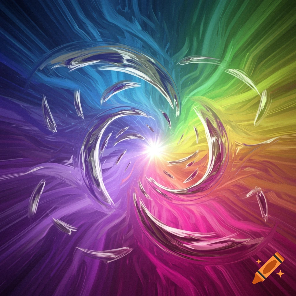 An abstract image of a swirling vortex of rainbow colors with shiny reflective shapes.
