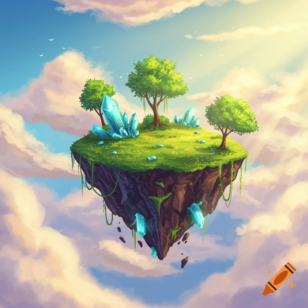 A floating island with trees and crystals in a cloudy sky