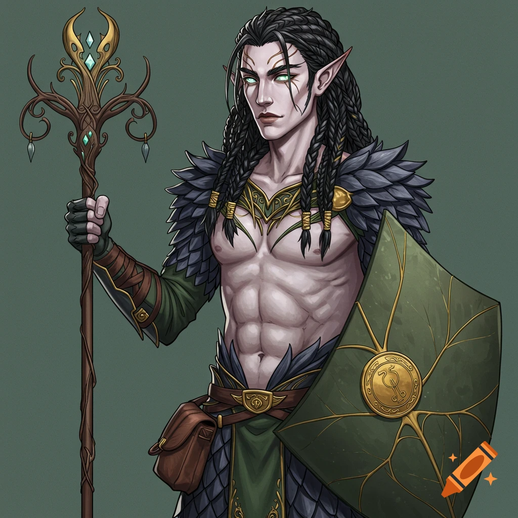 A male elf in armor holding a staff and leaf-shaped shield.