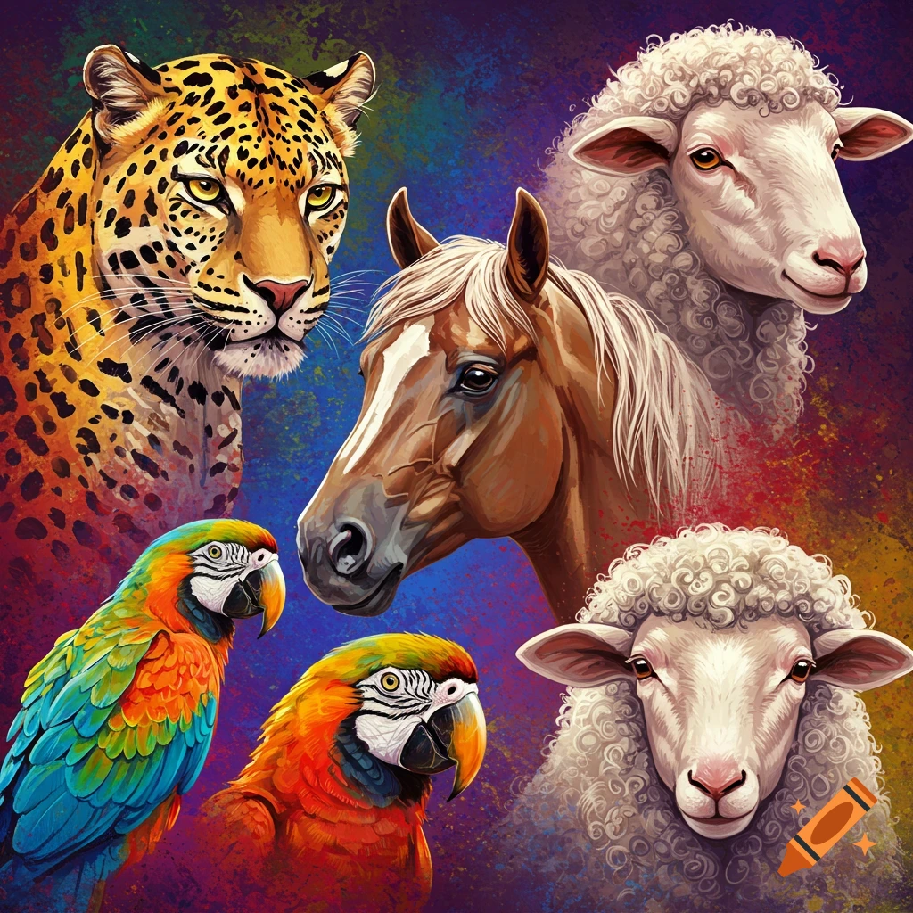 A leopard, horse, two sheep, and two macaws.