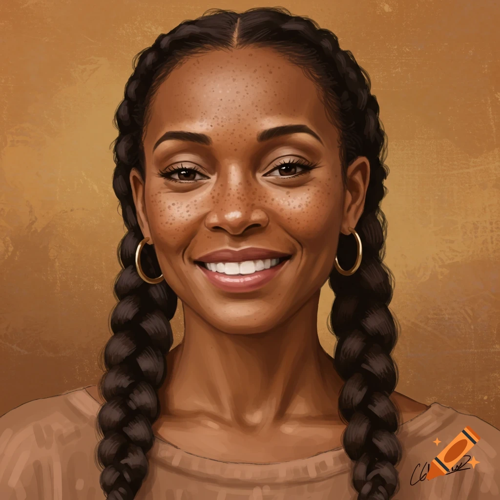 Image of a smiling Black woman with freckles and two braids.