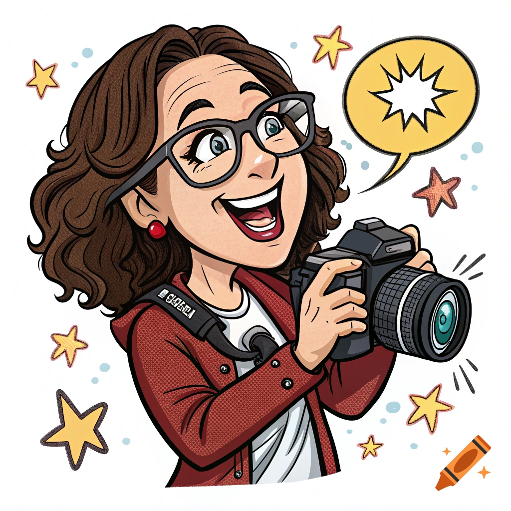 Clipart of a smiling woman with glasses holding a camera.