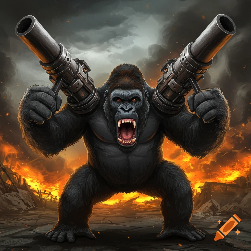 A roaring gorilla holds two large guns in a fiery destroyed landscape.